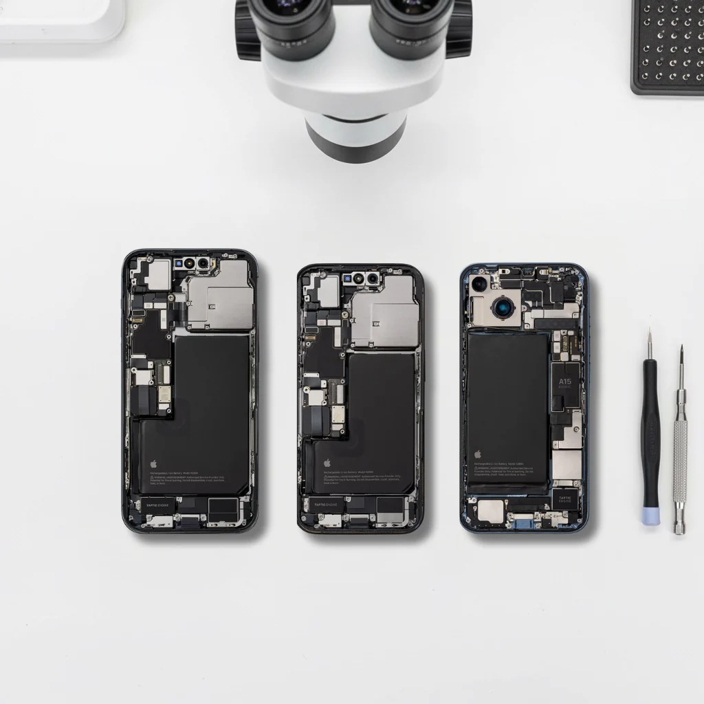 Phone components and precision tools arranged on a repair workbench