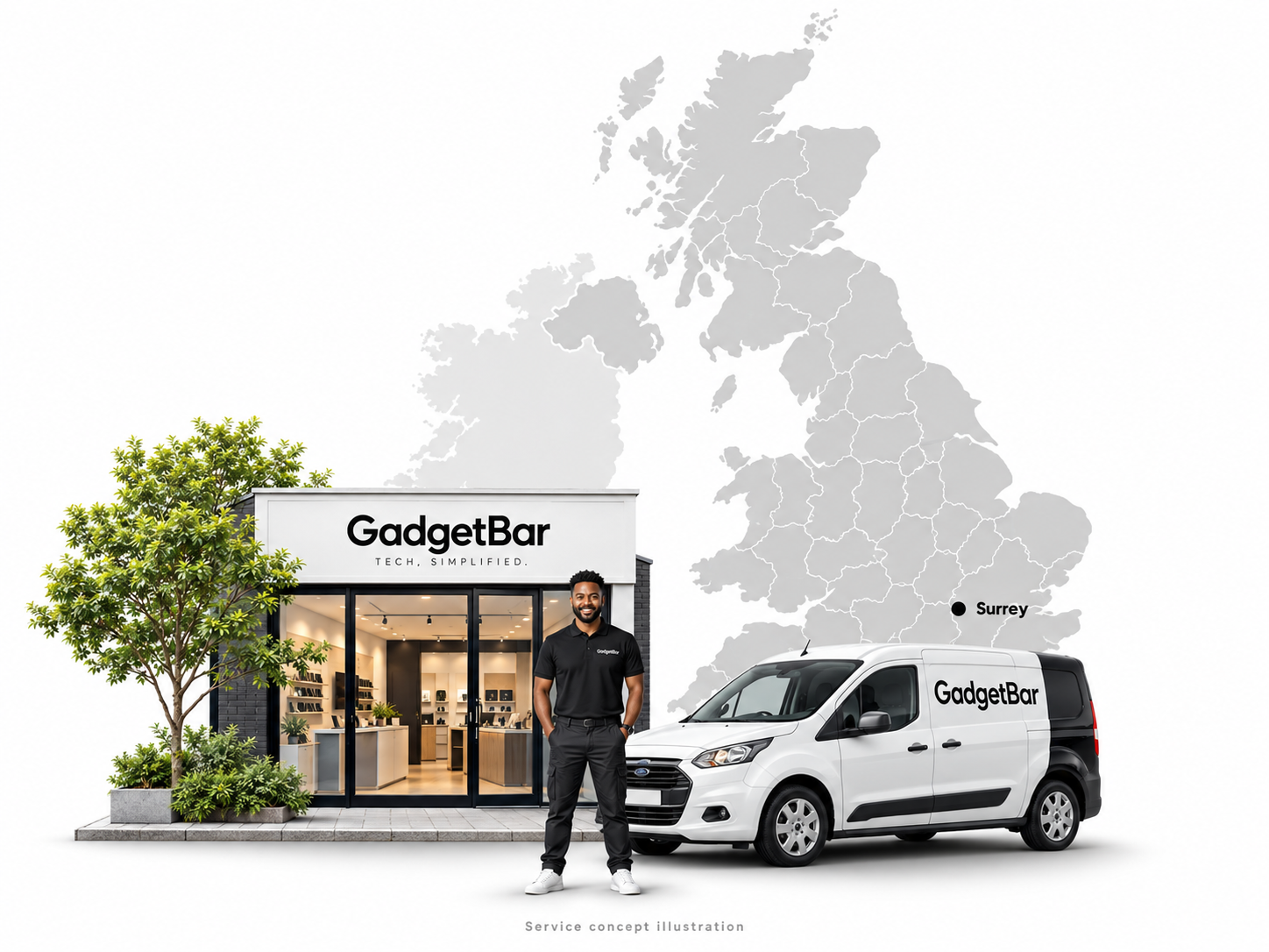 GadgetBar service concept illustration with a technician, branded repair van and storefront beside a UK map marking Surrey.