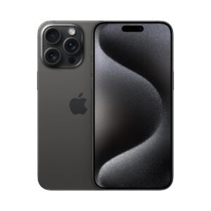 Apple iPhone 15 Pro in Black Titanium, front and rear views