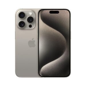 Apple iPhone 15 Pro Max in Natural Titanium, front and rear views