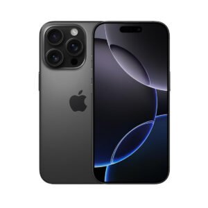 Apple iPhone 16 Pro Max in Black Titanium, front and rear views