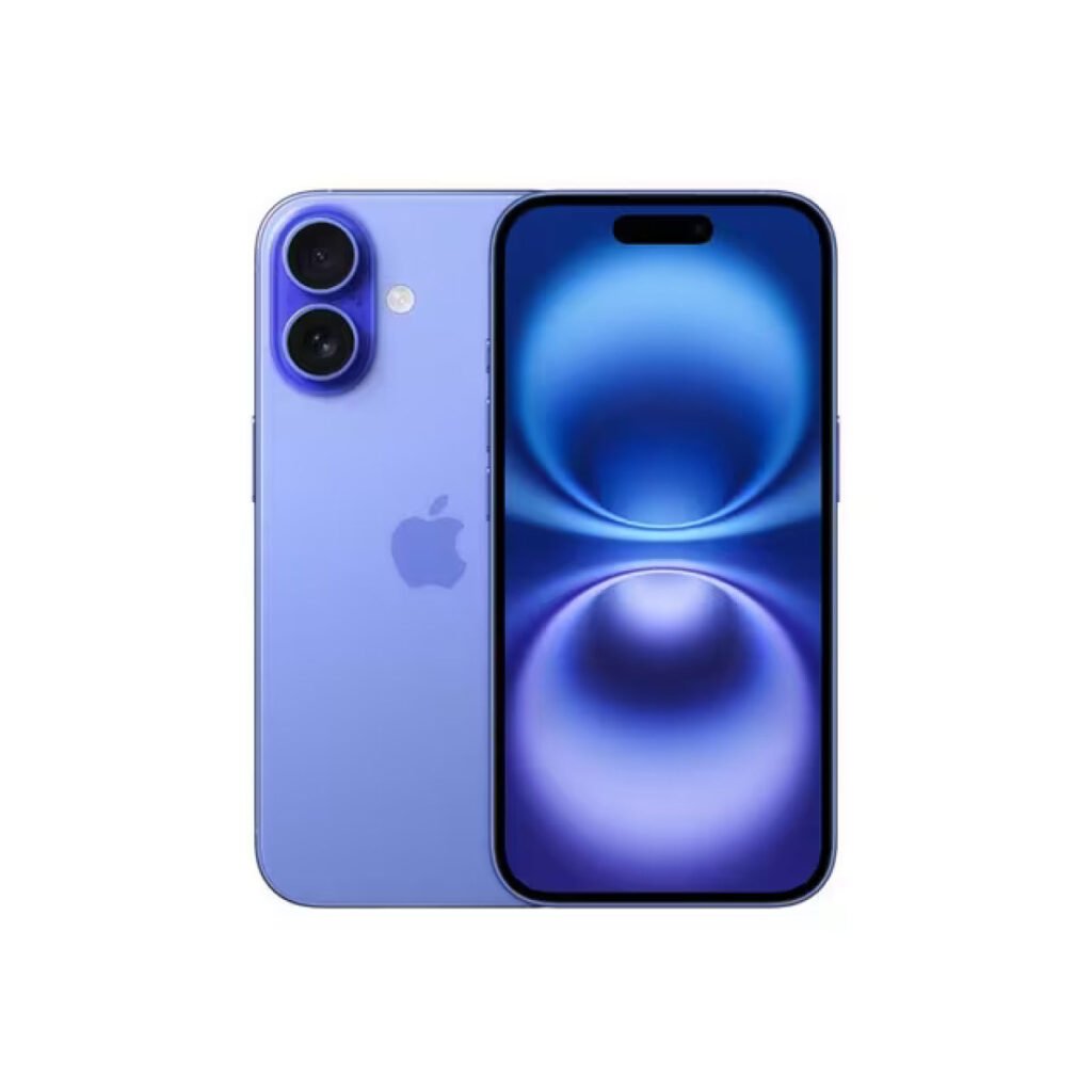 Apple iPhone 16 in Ultramarine, front and rear views