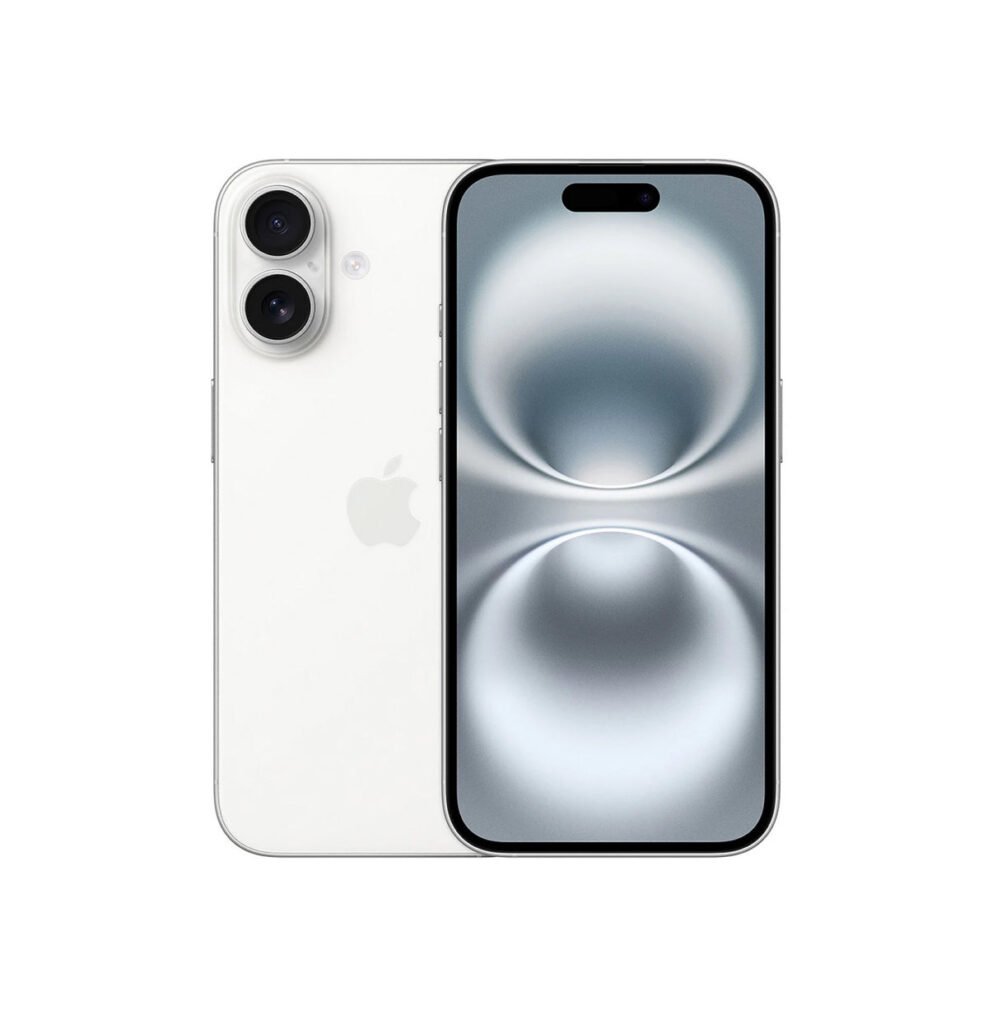 Apple iPhone 16 in White, front and rear views